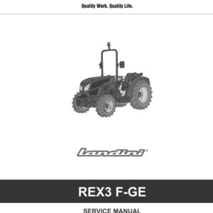 May include: A black and white illustration of a tractor with the text "ARGOTRACTORS Quality Work. Quality Life." and "Landini" below the tractor. The text "REX3 F-GE" is displayed, along with service manual details.