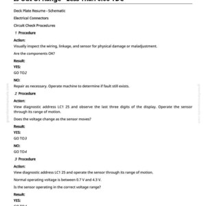 May include: A white document with black text detailing calibration procedures for a deck plates position sensor. The document includes instructions, results, and voltage range specifications. The text is organized into numbered procedures.
