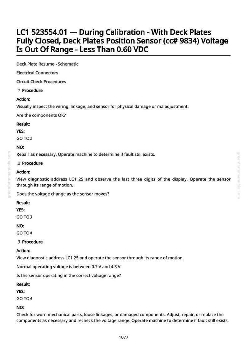 May include: A white document with black text detailing calibration procedures for a deck plates position sensor. The document includes instructions, results, and voltage range specifications. The text is organized into numbered procedures.