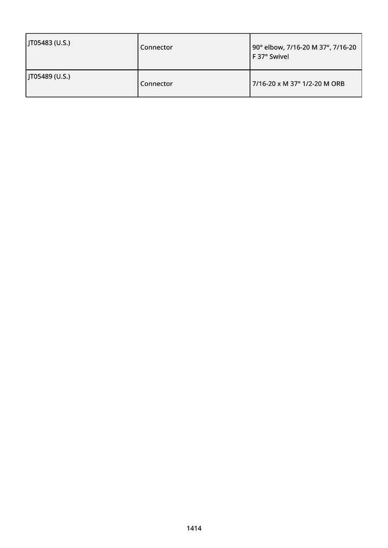 K&ouml;nnte beinhalten: Ein Produktdatenblatt mit zwei Eintr&auml;gen. Der erste Eintrag ist mit JT05483 (U.S.) gekennzeichnet und beschreibt einen Verbinder mit einem 90&deg;-Winkel, 7/16-20 M 37&deg; und 7/16-20 F 37&deg; Schwenk. Der zweite Eintrag ist mit JT05489 (U.S.) gekennzeichnet und beschreibt einen Verbinder mit 7/16-20 x M 37&deg; 1/2-20 M ORB.