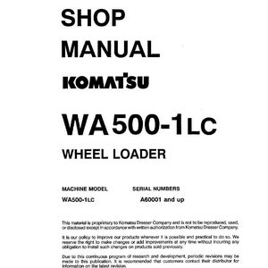May include: A white shop manual for a Komatsu WA500-1LC wheel loader. The cover features the text "SHOP MANUAL" and "KOMATSU WA500-1LC" in bold, black lettering. The manual includes machine model and serial number information.