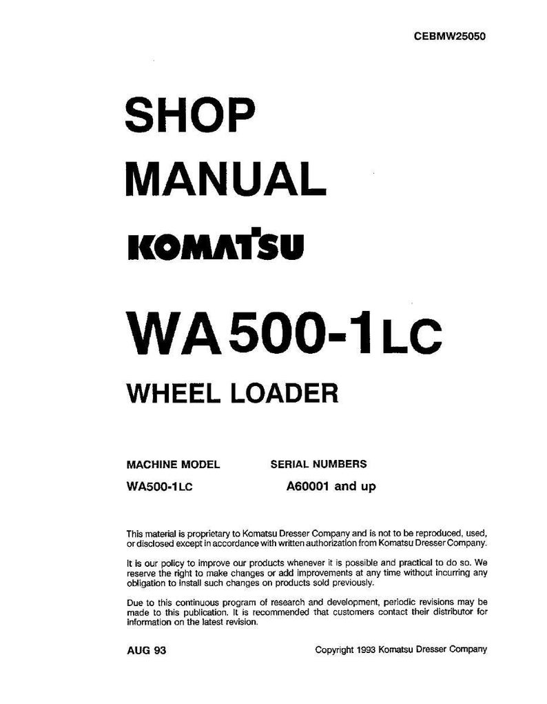 May include: A white shop manual for a Komatsu WA500-1LC wheel loader. The cover features the text "SHOP MANUAL" and "KOMATSU WA500-1LC" in bold, black lettering. The manual includes machine model and serial number information.