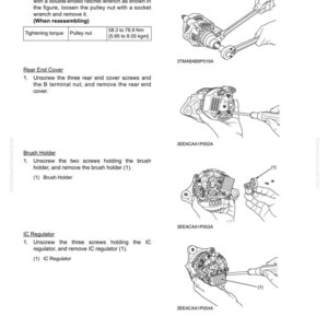 Pu&ograve; includere: Diagrammi che illustrano le procedure di manutenzione dell'alternatore, tra cui la rimozione della puleggia, del coperchio posteriore, del porta spazzole e del regolatore IC. Il testo include le specifiche della coppia di serraggio.