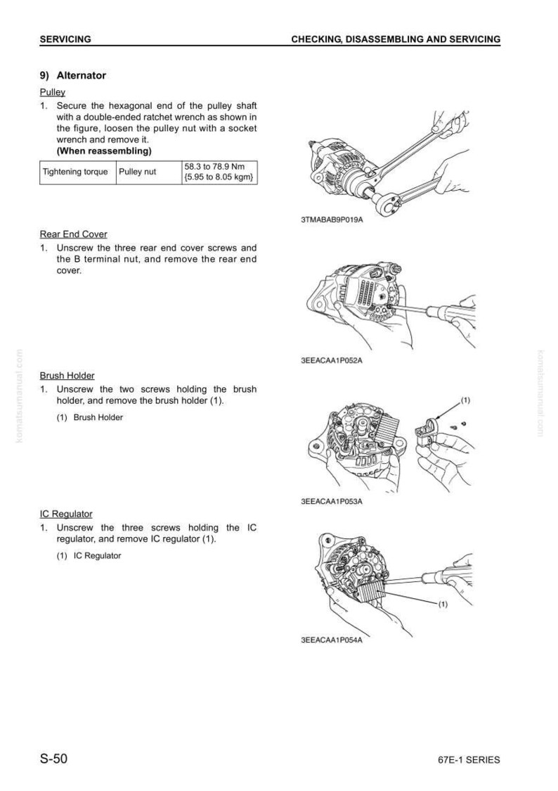 Pu&ograve; includere: Diagrammi che illustrano le procedure di manutenzione dell'alternatore, tra cui la rimozione della puleggia, del coperchio posteriore, del porta spazzole e del regolatore IC. Il testo include le specifiche della coppia di serraggio.