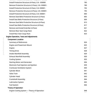 May include: A page from a manual with a table of contents. The text includes specifications for removing and installing protective structures and seat belts. Other sections include engine operation, component location, and theory of operation.