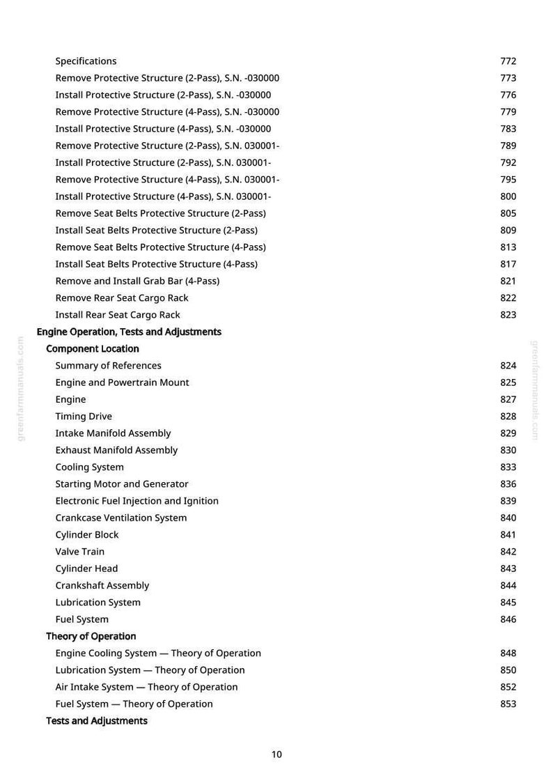 May include: A page from a manual with a table of contents. The text includes specifications for removing and installing protective structures and seat belts. Other sections include engine operation, component location, and theory of operation.