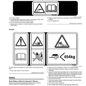 Pode incluir: Uma p&aacute;gina do manual de seguran&ccedil;a com s&iacute;mbolos de aviso e texto a preto e branco. Os s&iacute;mbolos incluem uma pessoa a cair, um livro e um reboque. O texto avisa sobre os limites de peso e os procedimentos operacionais. O peso m&aacute;ximo do reboque &eacute; de 454 kg.