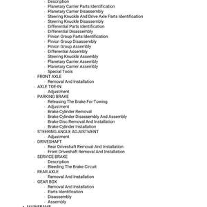 May include: A detailed list of automotive repair procedures, including axle, brake, and steering adjustments. The text is organized with bullet points and headings, such as "Drive Axle Assembly" and "Front Axle Removal and Installation."