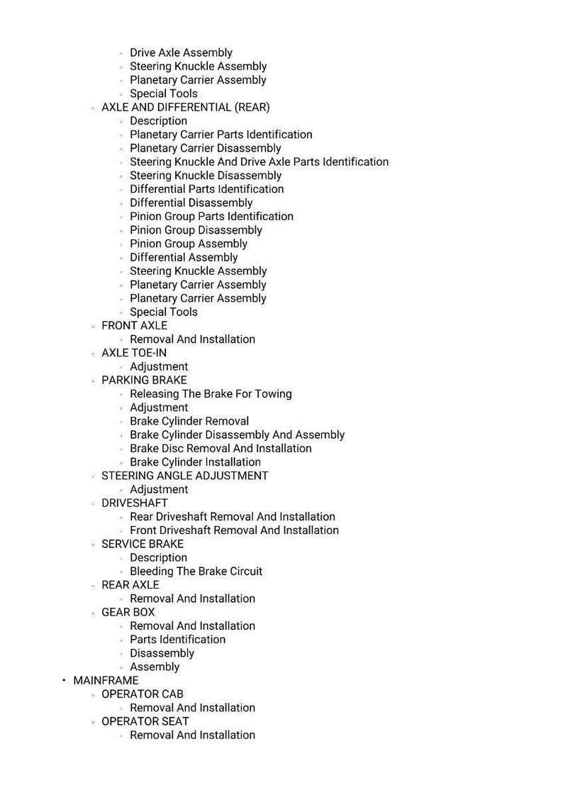 May include: A detailed list of automotive repair procedures, including axle, brake, and steering adjustments. The text is organized with bullet points and headings, such as "Drive Axle Assembly" and "Front Axle Removal and Installation."