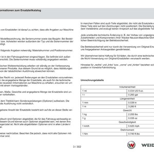May include: A white document with German text, titled "Allgemeine Informationen zum Ersatzteilkatalog." It includes tables with measurements like 1 mm = 0.039 in and 1 kg = 2.200 lbs. The Weidemann logo is at the bottom.