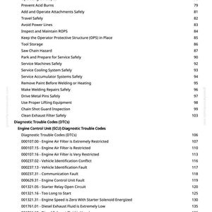 K&ouml;nnte beinhalten: Eine Seite aus einem Handbuch mit einer Liste von Sicherheits- und Diagnosethemen, darunter "Motorsteuerger&auml;t (ECU) Diagnose-Fehlercodes" und verschiedene Fehlercodes. Die Seitenzahlen sind rechts.