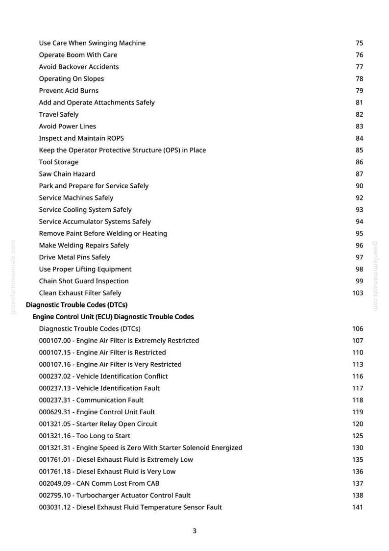 K&ouml;nnte beinhalten: Eine Seite aus einem Handbuch mit einer Liste von Sicherheits- und Diagnosethemen, darunter "Motorsteuerger&auml;t (ECU) Diagnose-Fehlercodes" und verschiedene Fehlercodes. Die Seitenzahlen sind rechts.