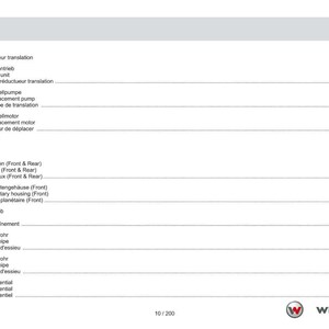 May include: A page from a technical manual with a table of contents in German, English, and French. The document lists various mechanical components, including drive units, axles, and motors. The Weidemann logo is visible.