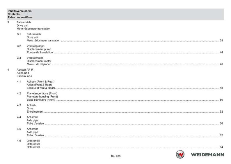 May include: A page from a technical manual with a table of contents in German, English, and French. The document lists various mechanical components, including drive units, axles, and motors. The Weidemann logo is visible.
