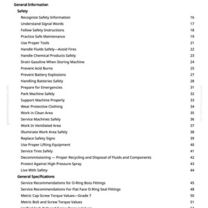 Puede incluir: Una p&aacute;gina blanca titulada "Tabla de Contenidos" de un manual. La tabla enumera temas de seguridad como "Manejar fluidos de forma segura" y "Prevenir explosiones de bater&iacute;a". Los n&uacute;meros de p&aacute;gina est&aacute;n en el lado derecho.