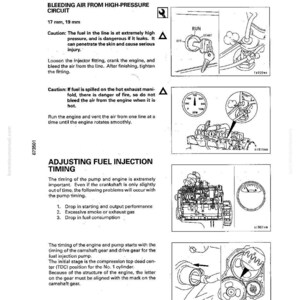 May include: A page from a manual with the title "Bleeding Air From High-Pressure Circuit" and "Adjusting Fuel Injection Timing." The page includes diagrams and instructions for engine maintenance, with warnings about fuel pressure and fire hazards.
