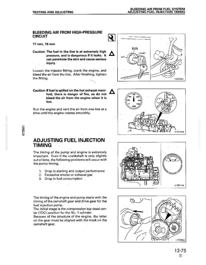 May include: A page from a manual with the title "Bleeding Air From High-Pressure Circuit" and "Adjusting Fuel Injection Timing." The page includes diagrams and instructions for engine maintenance, with warnings about fuel pressure and fire hazards.