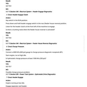 Op de afbeelding: Een witte pagina met zwarte tekst met gedetailleerde diagnostische stappen voor de elektrische en aandrijflijnsystemen van een machine. Instructies omvatten het controleren van de header-inschakelingskoppeling, de laaddruk en de header-inschakeling.