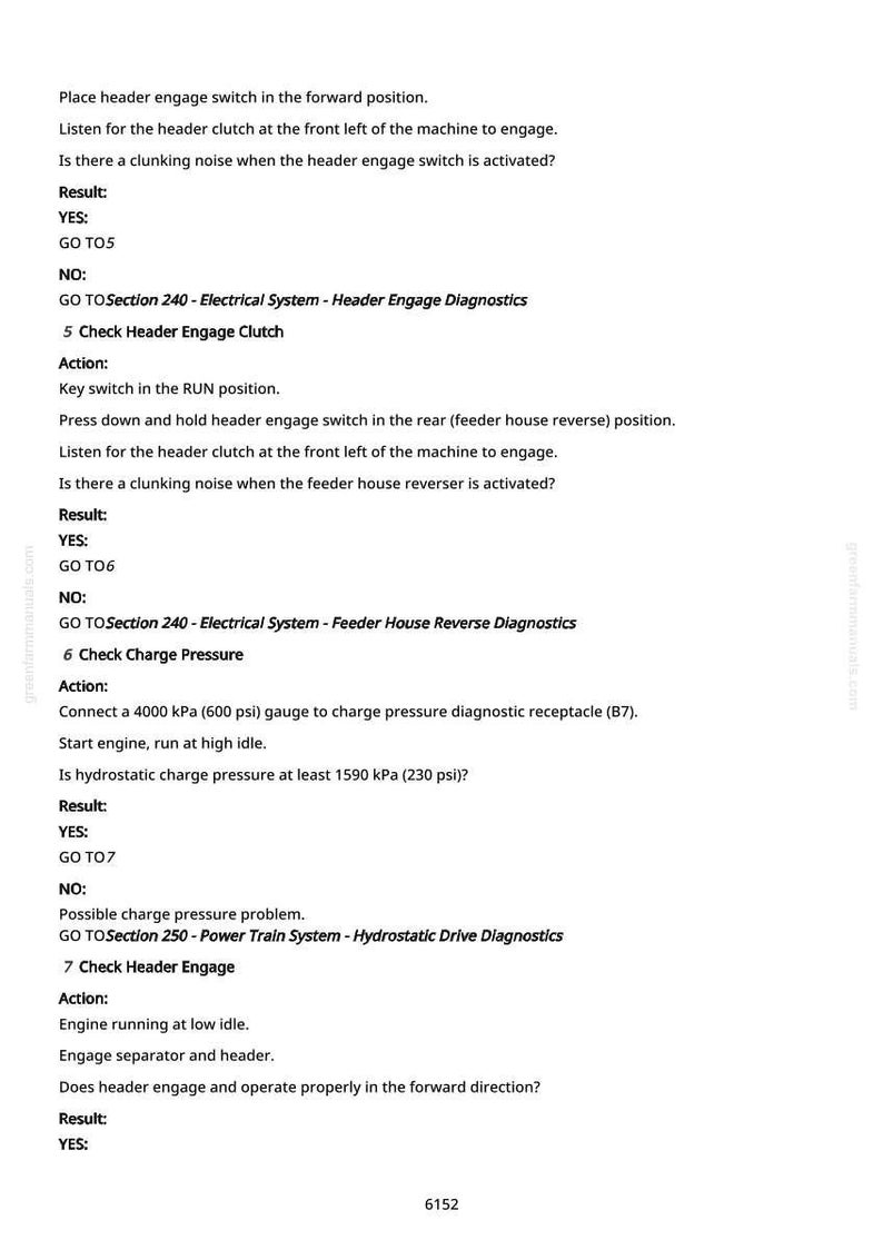 Op de afbeelding: Een witte pagina met zwarte tekst met gedetailleerde diagnostische stappen voor de elektrische en aandrijflijnsystemen van een machine. Instructies omvatten het controleren van de header-inschakelingskoppeling, de laaddruk en de header-inschakeling.