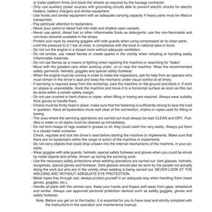 Może przedstawiać: Strona z instrukcji zatytułowana &bdquo;SEKCJA 1001&rdquo; z instrukcjami bezpieczeństwa. Tekst zawiera ostrzeżenia dotyczące obsługi maszyn, w tym używania sprzętu ochronnego, takiego jak gogle i rękawice, oraz unikania materiał&oacute;w łatwopalnych.