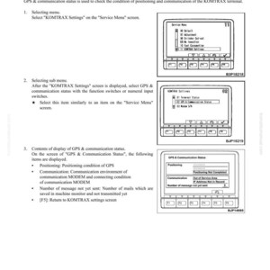 May include: A technical diagram with the title "TESTING AND ADJUSTING" and "SPECIAL FUNCTIONS OF MACHINE MONITOR". It details KOMTRAX settings, GPS, and communication status, with screenshots of the interface and instructions for use.