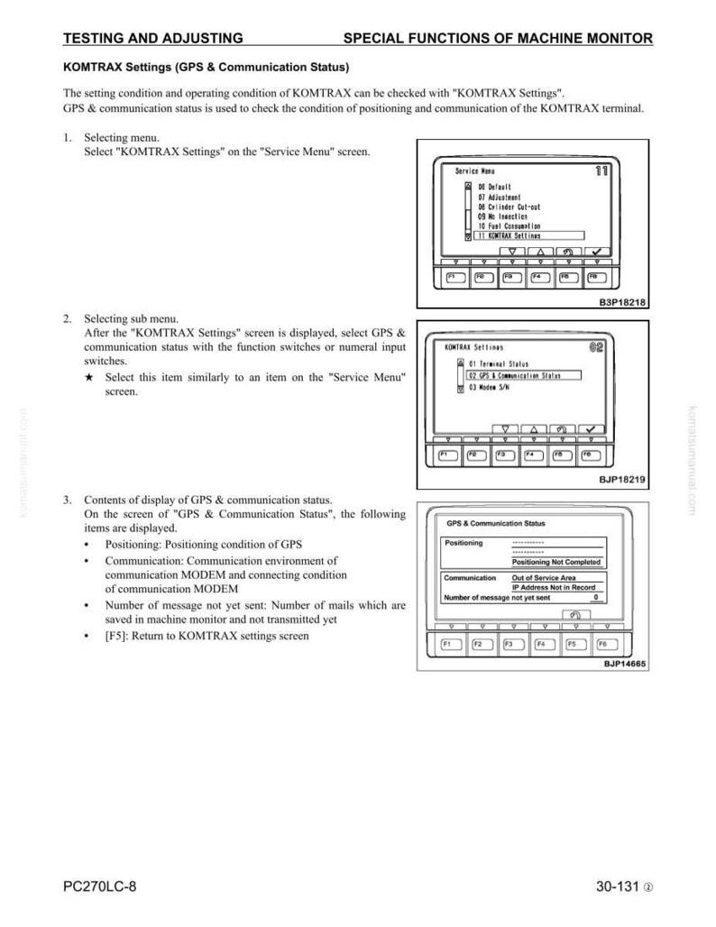 May include: A technical diagram with the title "TESTING AND ADJUSTING" and "SPECIAL FUNCTIONS OF MACHINE MONITOR". It details KOMTRAX settings, GPS, and communication status, with screenshots of the interface and instructions for use.