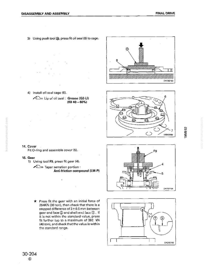 May include: Diagram from a manual showing the disassembly and assembly of a mechanical component. The image includes detailed illustrations with labels and instructions for each step, including the use of tools and the application of grease.