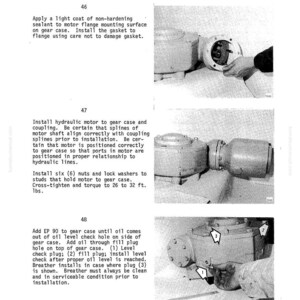 Puede incluir: Una p&aacute;gina de un manual de taller con instrucciones y diagramas para el montaje mec&aacute;nico. El texto incluye pasos para aplicar sellador, instalar un motor y agregar aceite. El manual se titula "SHOP MANUAL".