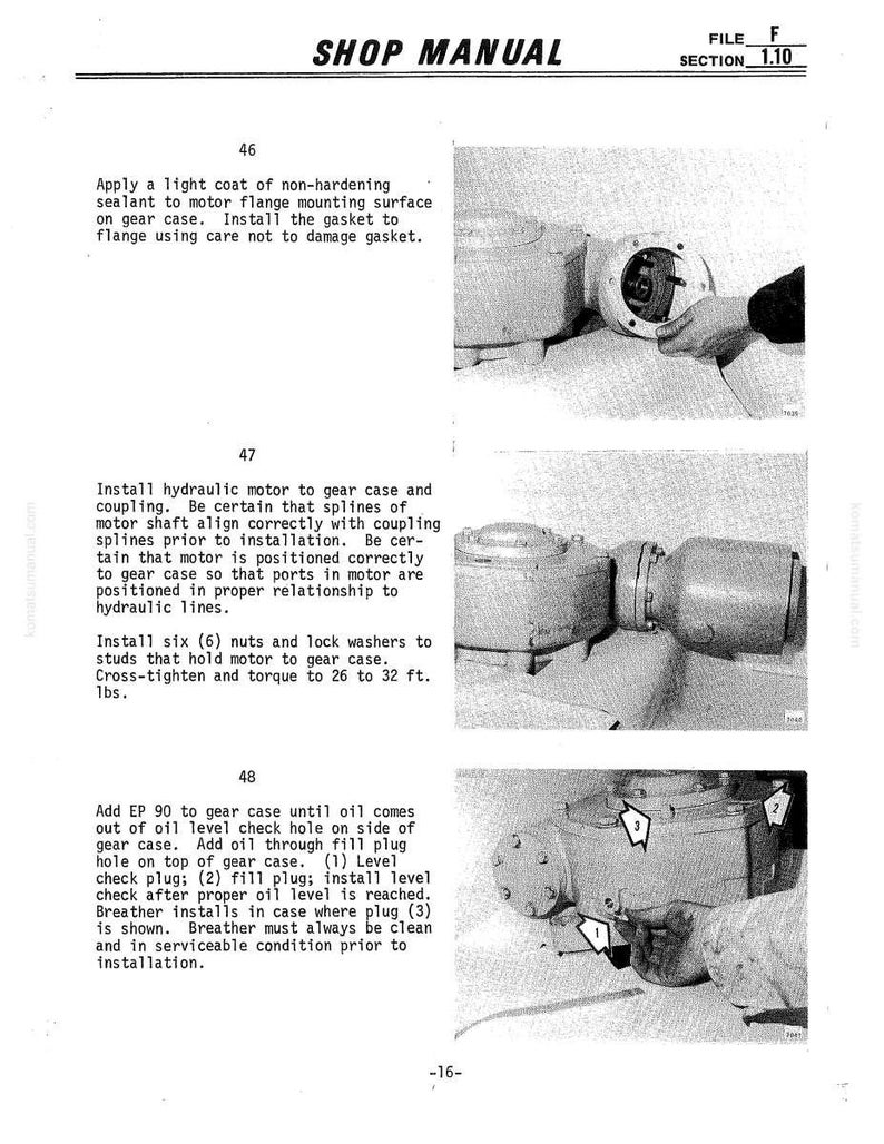 Puede incluir: Una p&aacute;gina de un manual de taller con instrucciones y diagramas para el montaje mec&aacute;nico. El texto incluye pasos para aplicar sellador, instalar un motor y agregar aceite. El manual se titula "SHOP MANUAL".