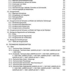 May include: A detailed table of contents in black text on a white background. The document is titled "INHALT" and lists technical specifications, including motor data, cylinder block information, and valve measurements.