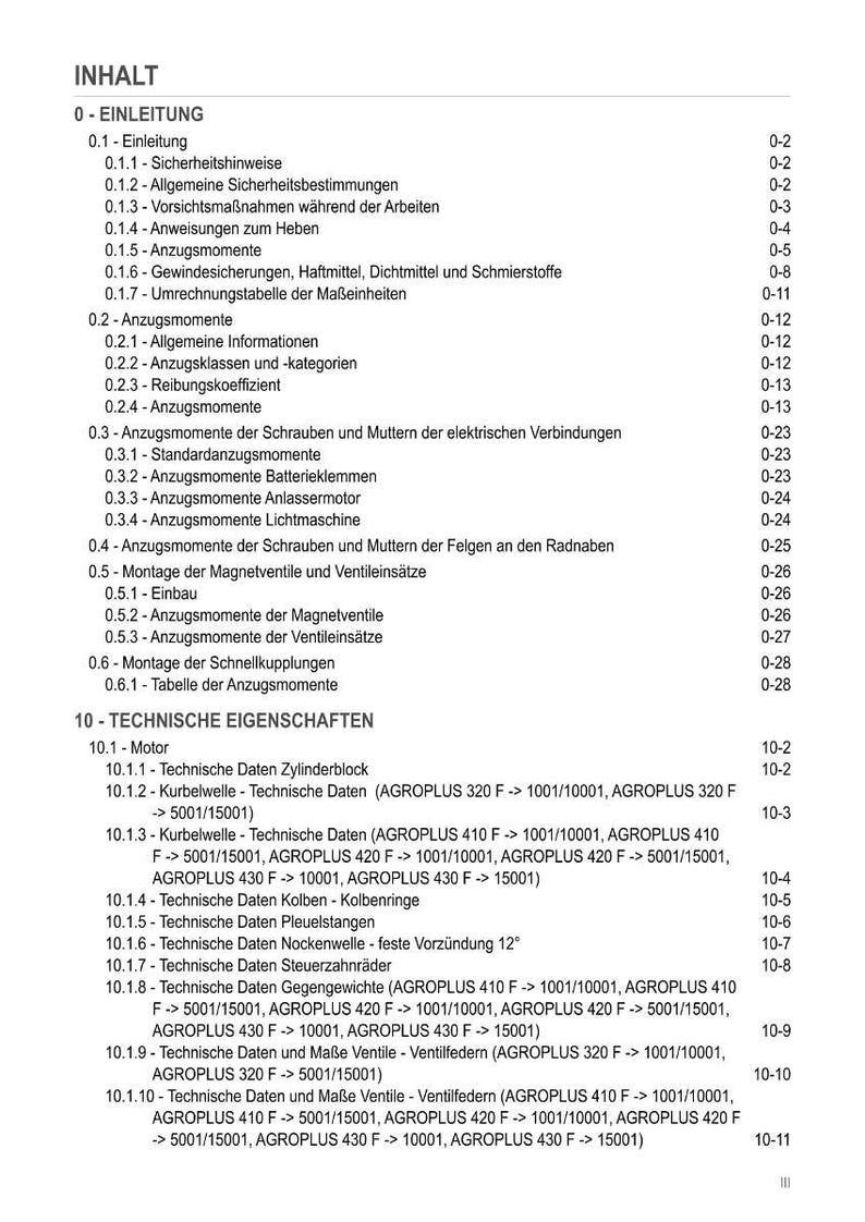 May include: A detailed table of contents in black text on a white background. The document is titled "INHALT" and lists technical specifications, including motor data, cylinder block information, and valve measurements.
