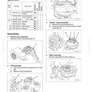 May include: Diagram of torque converter assembly disassembly and assembly, with detailed illustrations and part numbers. Includes special tools list, control valve, PTO, turbine clutch, and stator assembly instructions. Text and diagrams are in black and white.