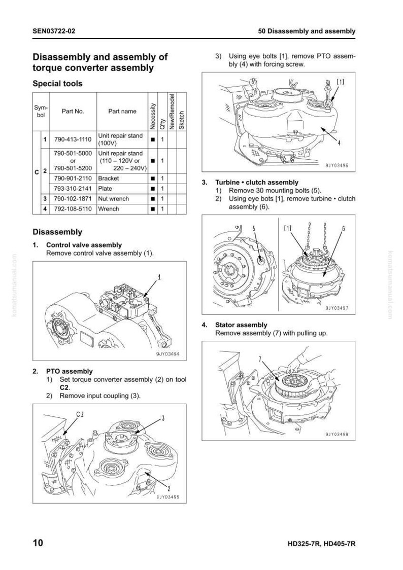 May include: Diagram of torque converter assembly disassembly and assembly, with detailed illustrations and part numbers. Includes special tools list, control valve, PTO, turbine clutch, and stator assembly instructions. Text and diagrams are in black and white.