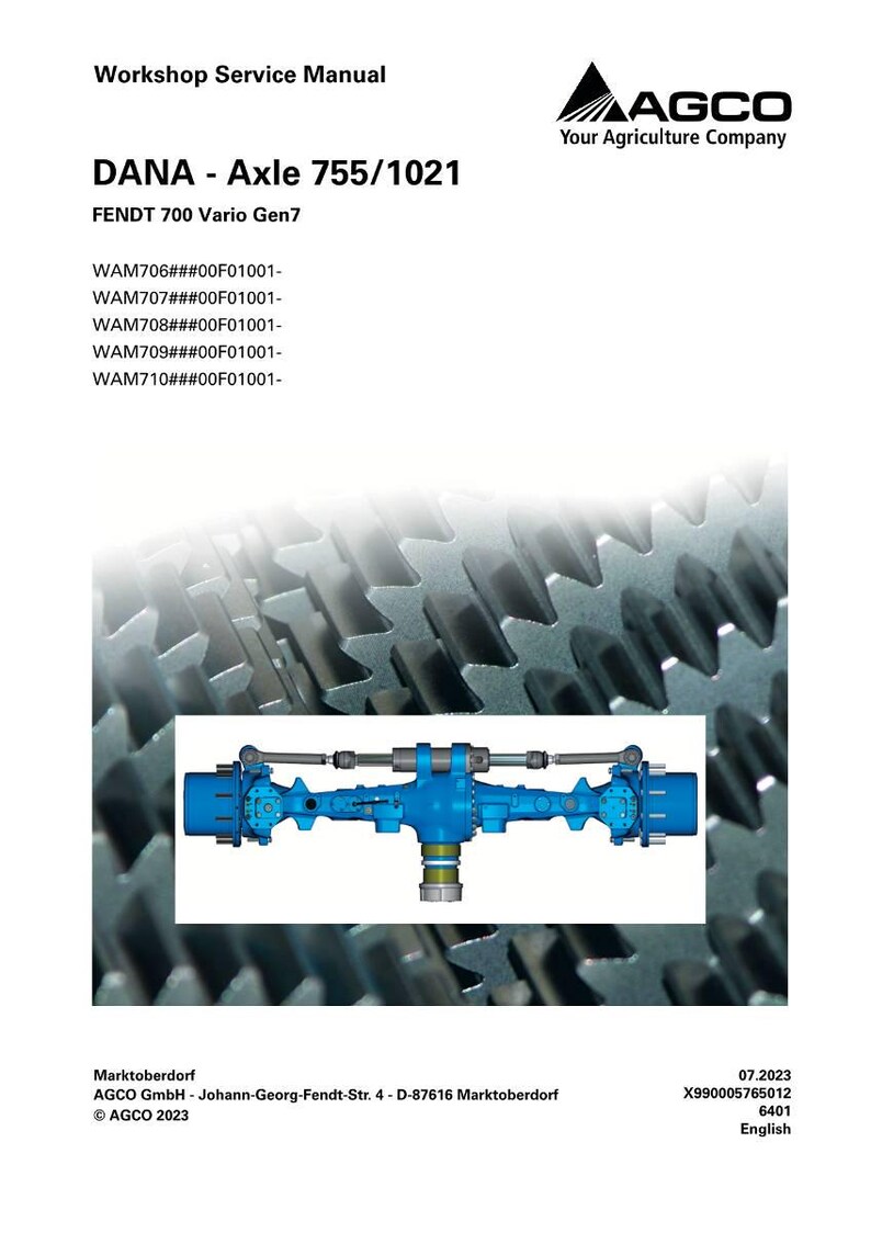 May include: Workshop Service Manual for DANA - Axle 755/1021, FENDT 700 Vario Gen7. The image shows a detailed diagram of a blue axle assembly. The AGCO logo is visible, along with the text "Your Agriculture Company."