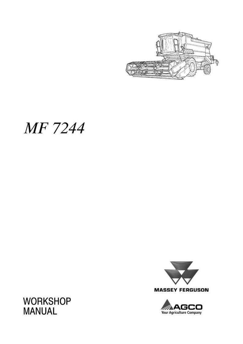 Puede incluir: Dibujo lineal en blanco y negro de una cosechadora. El texto "MF 7244" est&aacute; encima de las palabras "WORKSHOP MANUAL". Tambi&eacute;n est&aacute;n presentes los logotipos de Massey Ferguson y AGCO.