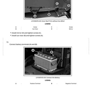 May include: Diagram of car interior components, including a sun visor, mirror, and screws. The image also shows a car battery with positive and negative terminals labeled. Text includes instructions for installation and connection.