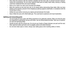 May include: A page from a manual with the title "SECTION 100 - GENERAL INFORMATION". The text provides safety instructions for wheels and tires, including inflation, inspection, and demounting procedures. It also covers splitting and remounting parts.