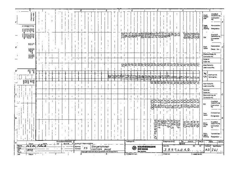 May include: A technical drawing with a grid layout, filled with text and numbers. The document includes the "MANNESMANN DEMAG" logo and the text "Steuerrahmen controls pond". The drawing is in black and white.