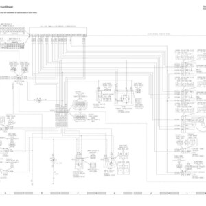 以下が含まれることがあります： エアコンの電気回路図。詳細な配線図とコンポーネントラベルが表示されています。リレー、センサー、制御モジュールなど、さまざまな電気接続とコンポーネントを示す白黒の図です。