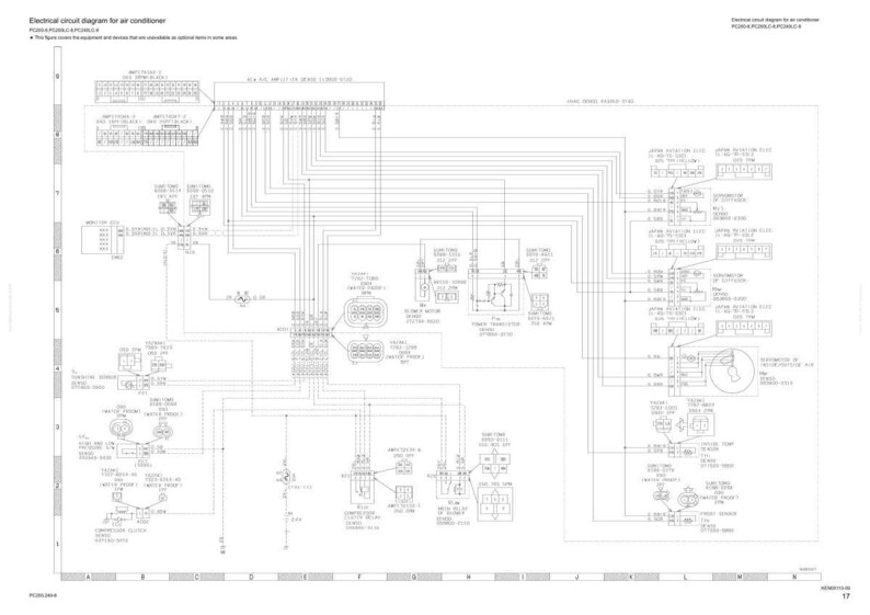 以下が含まれることがあります： エアコンの電気回路図。詳細な配線図とコンポーネントラベルが表示されています。リレー、センサー、制御モジュールなど、さまざまな電気接続とコンポーネントを示す白黒の図です。