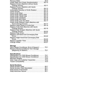 Op de afbeelding: Een gedrukte pagina uit een handleiding, getiteld "Inhoud". De pagina bevat verschillende onderhoudsprocedures voor een maaier-conditioner, waaronder schijfvervanging, mescontroles en opslaginstructies. De paginanummers staan rechts.