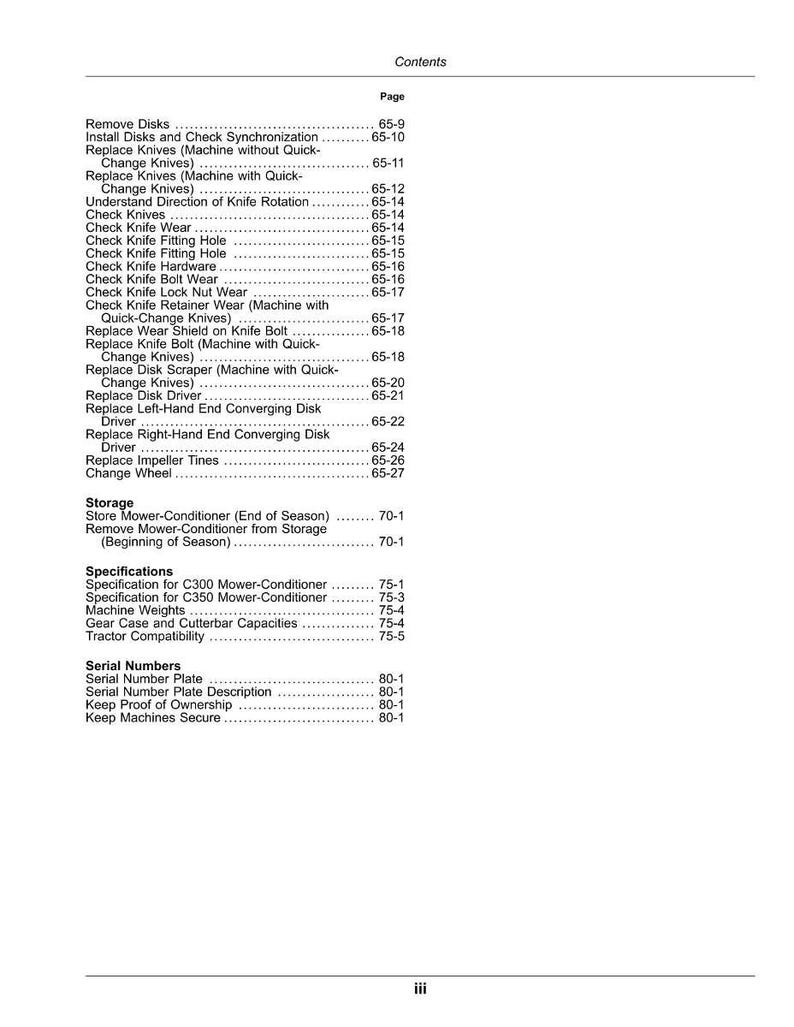 Op de afbeelding: Een gedrukte pagina uit een handleiding, getiteld "Inhoud". De pagina bevat verschillende onderhoudsprocedures voor een maaier-conditioner, waaronder schijfvervanging, mescontroles en opslaginstructies. De paginanummers staan rechts.