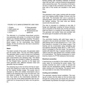 May include: Diagram of a main alternator with labeled components, including the engine, pulse generator, and stator. Text details the alternator's function, construction, and cooling system. Measurements are in millimeters.