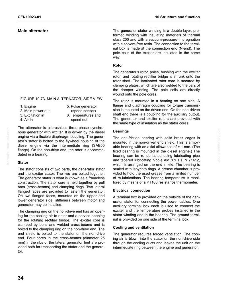 May include: Diagram of a main alternator with labeled components, including the engine, pulse generator, and stator. Text details the alternator's function, construction, and cooling system. Measurements are in millimeters.