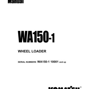 May include: A white shop manual cover with black text. The title "Shop Manual" is at the top, and the model number "WA150-1" is prominently displayed. The text "Wheel Loader" is below the model number, and the Komatsu logo is at the bottom.