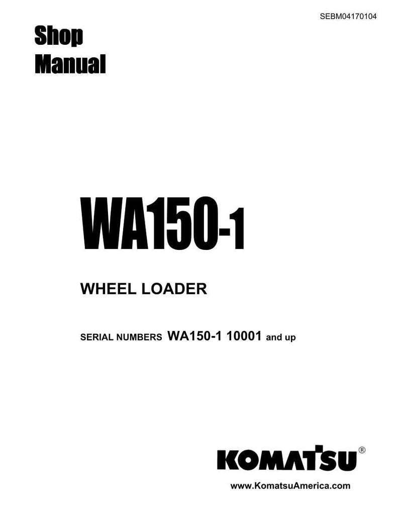 May include: A white shop manual cover with black text. The title "Shop Manual" is at the top, and the model number "WA150-1" is prominently displayed. The text "Wheel Loader" is below the model number, and the Komatsu logo is at the bottom.