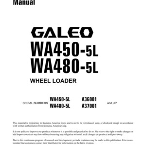 May include: A white shop manual with black text. The cover features the brand name "GALEO" above the model numbers "WA450-5L" and "WA480-5L" and the words "WHEEL LOADER". The manual includes serial numbers and copyright information.