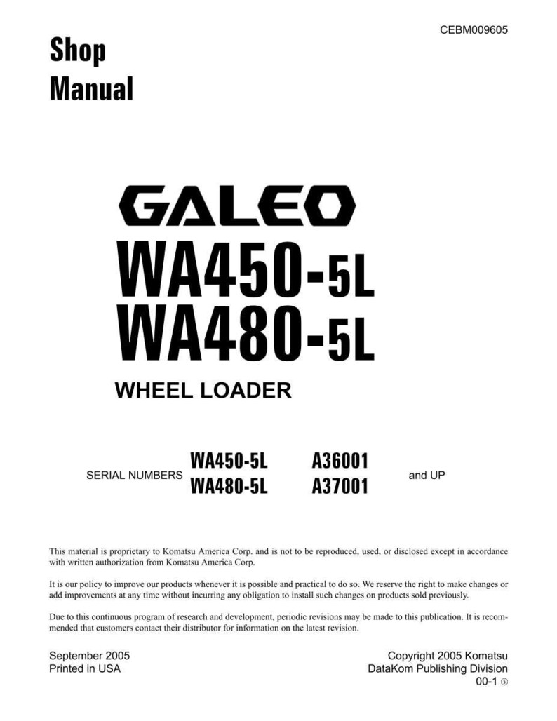 May include: A white shop manual with black text. The cover features the brand name "GALEO" above the model numbers "WA450-5L" and "WA480-5L" and the words "WHEEL LOADER". The manual includes serial numbers and copyright information.