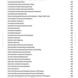 May include: A page from a manual with a list of engine repair procedures, including crankshaft, camshaft, and fuel system tasks. The text is in black font on a white background, with page numbers on the right.