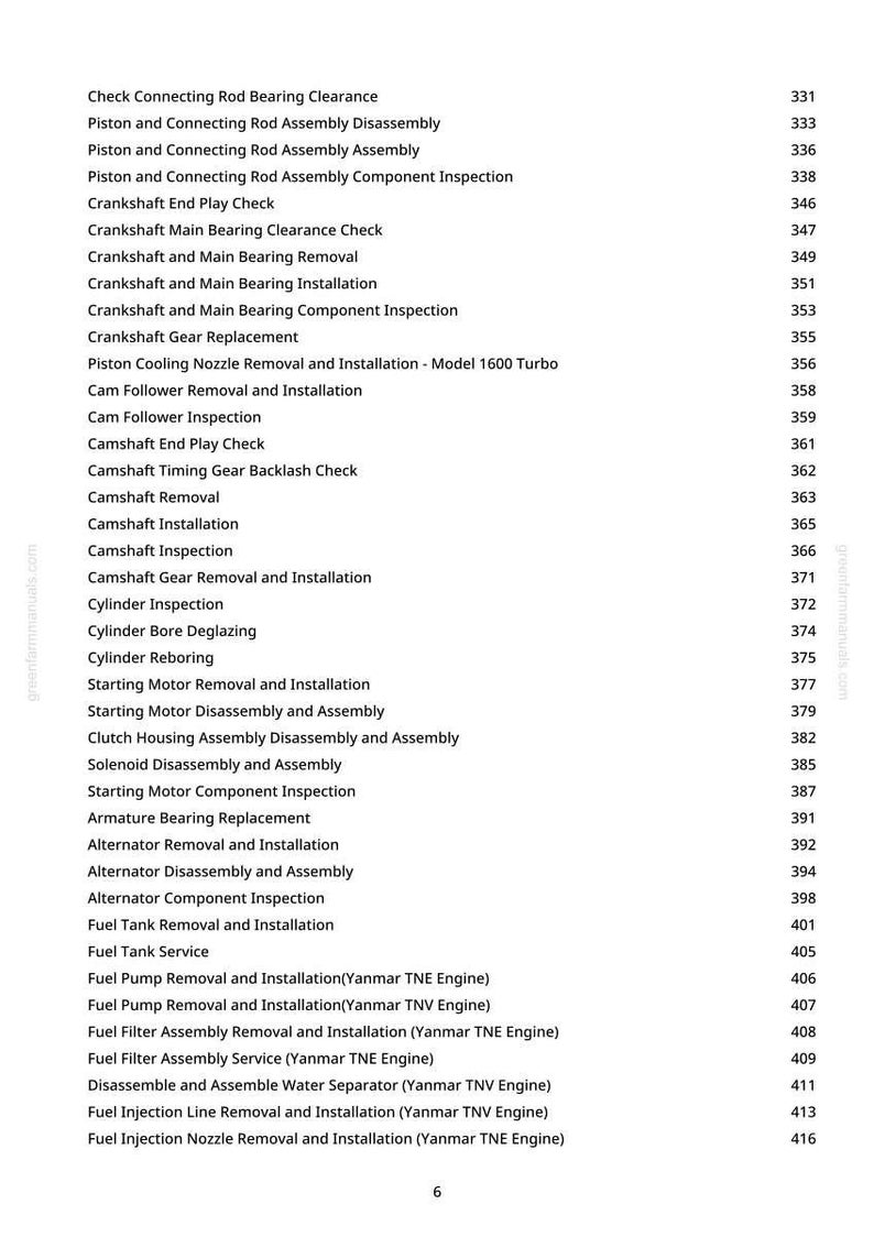 May include: A page from a manual with a list of engine repair procedures, including crankshaft, camshaft, and fuel system tasks. The text is in black font on a white background, with page numbers on the right.